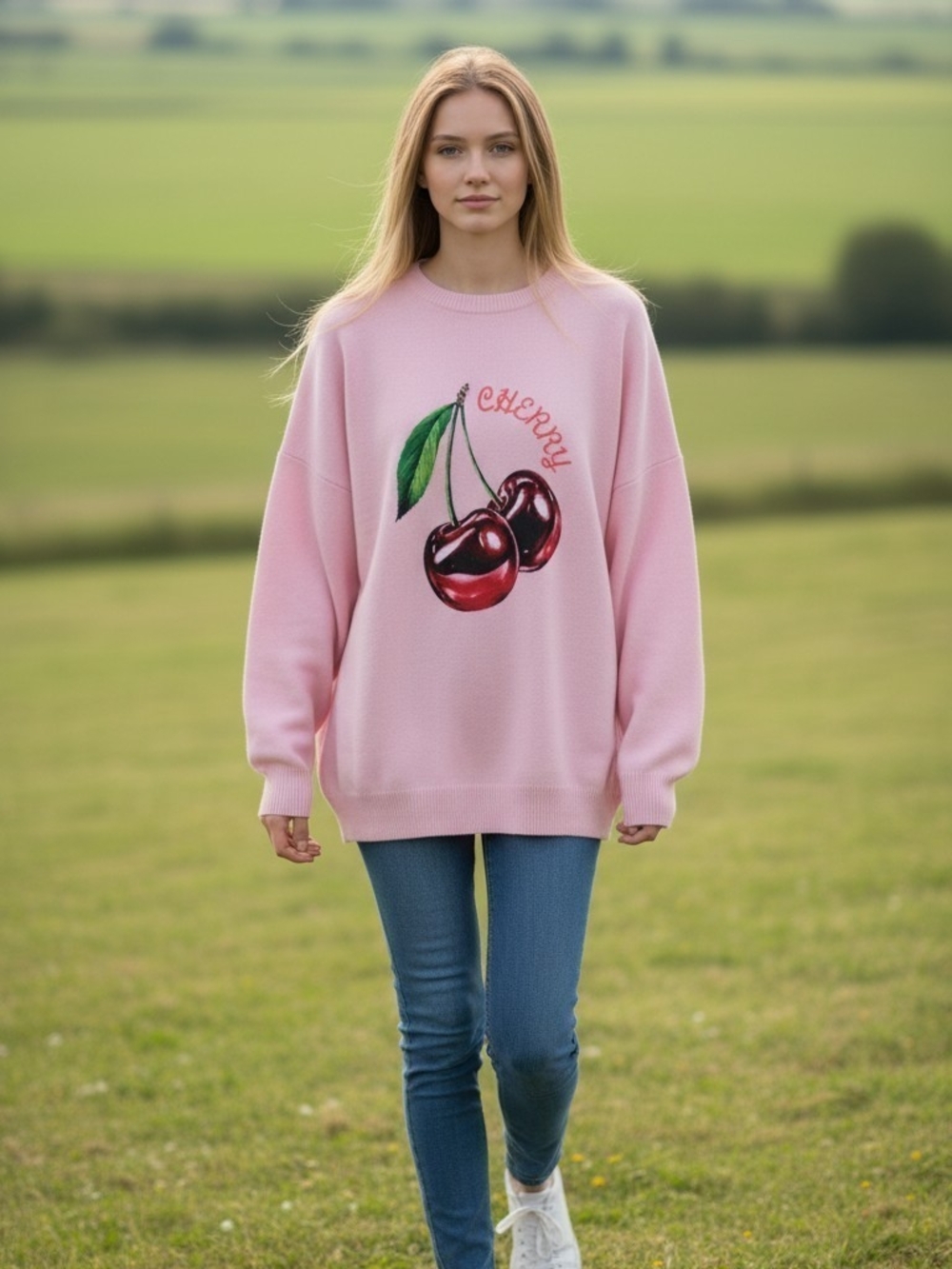 easel Pink Cherry Graphic Crewneck Sweater